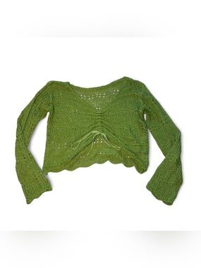 Boho summer beachy Green sweater crochet long sleeve top with tie detail ♣️